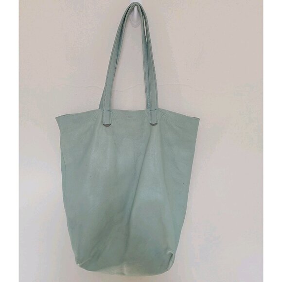 BAGGU Aqua Blue Natural Milled Leather Basic Tote Bag - Picture 2 of 9
